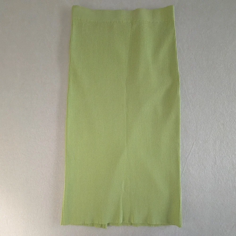 Jonathan Simkhai Jolene Pear Green Ribbed Knit Faux Wrap Slit Pencil Skirt Small